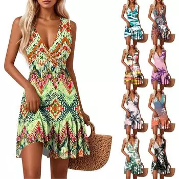 Женские платья с V-образным вырезом, приталенным цветочным принтом, без рукавов, сшитые по подолу L зелёный