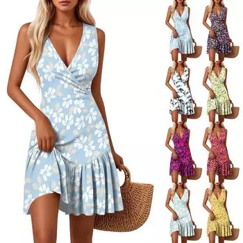 Женские платья с V-образным вырезом, приталенным цветочным принтом, без рукавов, сшитые по подолу XXL