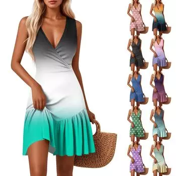 Женские платья с V-образным вырезом, приталенным цветочным принтом, без рукавов, сшитые по подолу XL