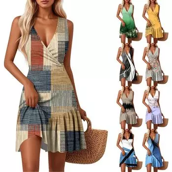 Женские платья с V-образным вырезом, приталенным цветочным принтом, без рукавов, сшитые по подолу S