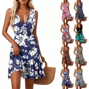 Женские платья с V-образным вырезом, приталенным цветочным принтом, без рукавов, сшитые по подолу S тёмно-синий