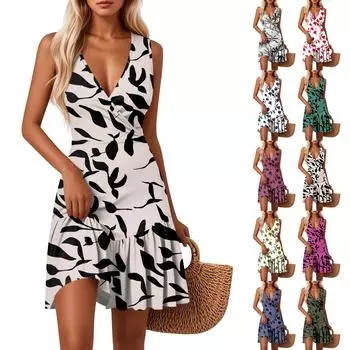 Женские платья с V-образным вырезом, приталенным цветочным принтом, без рукавов, сшитые по подолу XXL красный