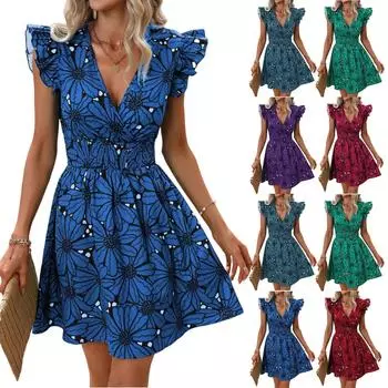 Женские платья с V-образным вырезом и талией, сексуальные, с большими цветочными оборками, без рукавов XL
