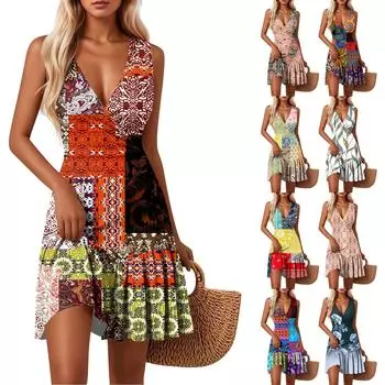 Женские платья с V-образным вырезом, приталенным цветочным принтом, без рукавов, сшитые по подолу S