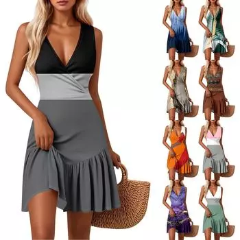 Женские платья с V-образным вырезом, приталенным цветочным принтом, без рукавов, сшитые по подолу XXL кофейный