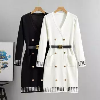 Женские платья с V-образным вырезом и длинным рукавом, весна-осень, длина до колена, трикотажные повседневные платья-свитера стандартного кроя, платья-свитера на пуговицах, А-силуэта, струящиеся платья для женщин one size fits all белый