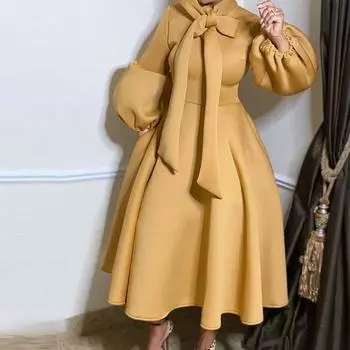 Женские платья с высокой талией и длинными рукавами-фонариками с воротником-бабочкой, вечернее платье миди для празднования событий, плюс размер L фиолетовый