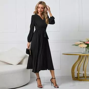 Женские платья с высокой талией, однотонные плиссированные платья с V-образным вырезом и длинными рукавами S красный