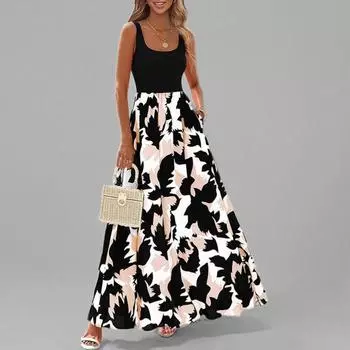 Женские платья с высокой талией, платье с цветочным принтом, элегантное модное макси-сарафан в повседневном винтажном стиле для весны и лета 2XL чёрный