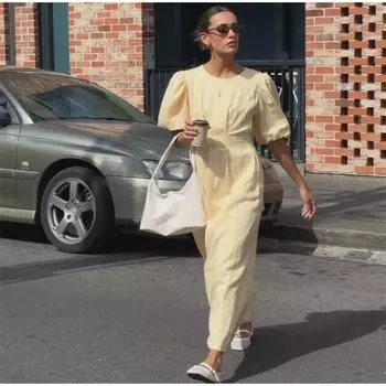 Женские платья с завышенной талией, с круглым вырезом, рукавами-фонариками, длинные халаты, летняя мода 2025 года, новое женское платье для вечеринок и клубов А-силуэта S жёлтый