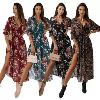 Женские платья, сексуальное платье макси с v-образным вырезом в стиле ретро, модное платье с разрезом по бокам, элегантное свободное платье с длинными рукавами