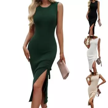 Женские платья Сексуальные тонкие однотонные шерстяные трикотажные платья с завязками и разрезами L бежевый