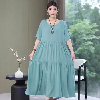 Женские платья средней длины Платья с коротким рукавом Винтажные платья больших размеров Свободные платья с круглым вырезом Однотонные платья 6XL