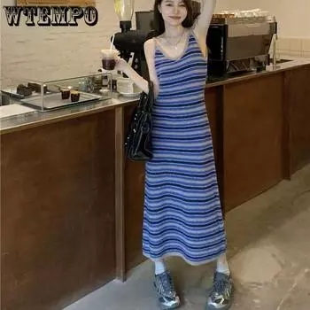 Женские платья Сто в полоску в стиле ретро, платья на бретельках, тонкое длинное платье до бедра с внутренней упаковкой, большие размеры S