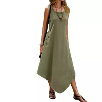 Женские платья свободного покроя больших размеров, повседневные, однотонные, с круглым вырезом, однотонные платья L армия зеленый
