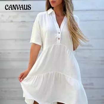 Женские платья свободного покроя с лацканами, однотонные, повседневные, с коротким рукавом, из хлопка и льна S красный