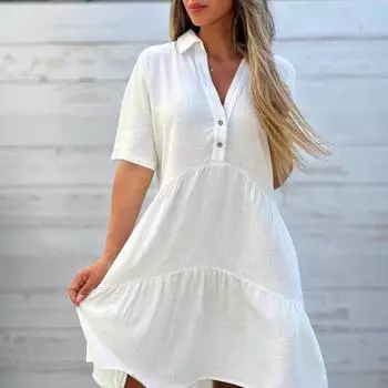 Женские платья свободного покроя с лацканами, однотонные, повседневные, с коротким рукавом, из хлопка и льна S красный