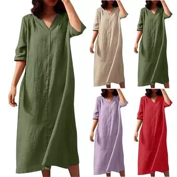 Женские платья Свободные повседневные однотонные длинные платья с V-образным вырезом и скрытыми пуговицами S