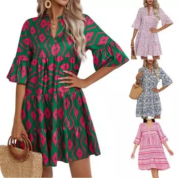 Женские платья Свободные повседневные с V-образным вырезом Литературные винтажные короткие платья с коротким рукавом XL синий