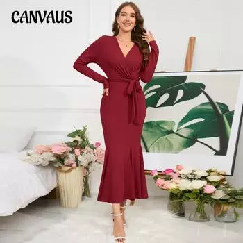 Женские платья Тонкое темпераментное платье «рыбий хвост» с v-образным вырезом и длинными рукавами Трикотажное длинное платье Платье S красный