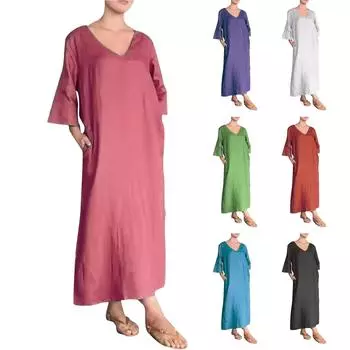 Женские платья V-образный вырез, семь рукавов, подолы, двойной разрез, свободные длинные платья-рубашки L чёрный