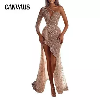 Женские платья Вечернее платье с блестками Сексуальные банкетные платья на одно плечо Пакет Хип-платья Вечерние платья S