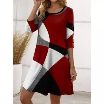 Женские платья Весенне-осеннее повседневное свободное разноцветное платье с длинным рукавом и круглым вырезом с принтом S