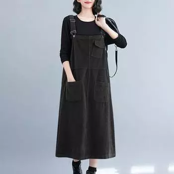 Женские платья Весна и Осень Повседневные без рукавов Платья-халтер Вельветовые XXL чёрный