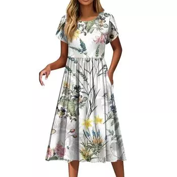 Женские платья Винтажные цветочные платья с круглым вырезом и коротким рукавом L серебряный