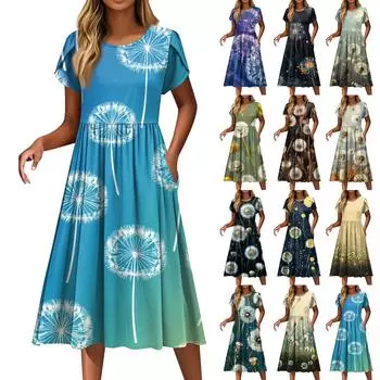 Женские платья Винтажные цветочные платья с круглым вырезом и коротким рукавом XXXL зелёный
