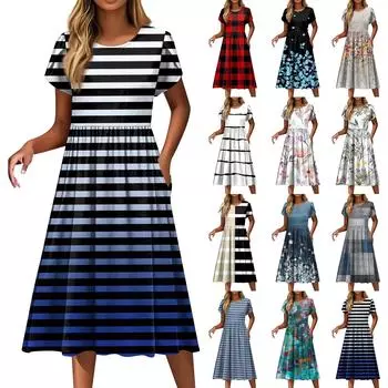 Женские платья Винтажные цветочные платья с круглым вырезом и коротким рукавом L серебряный