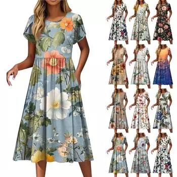 Женские платья Винтажные цветочные платья с круглым вырезом и коротким рукавом L