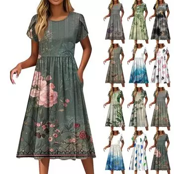 Женские платья Винтажные цветочные платья с круглым вырезом и коротким рукавом XXL