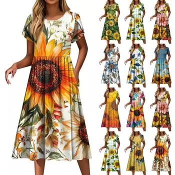 Женские платья Винтажные цветочные подсолнухи с круглым вырезом и коротким рукавом XL жёлтый