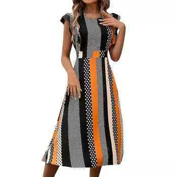 Женские платья Винтажные платья с круглым вырезом и пятнистыми рукавами-мушками L оранжевый