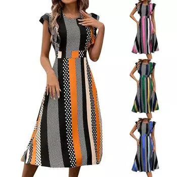 Женские платья Винтажные платья с круглым вырезом и пятнистыми рукавами-мушками XL оранжевый