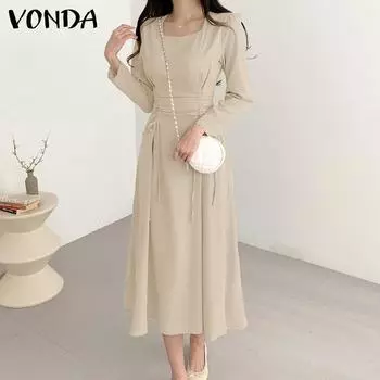 Женские платья VONDA с квадратным вырезом и рукавами-пузырьками, со шнурком и талией, средней длины