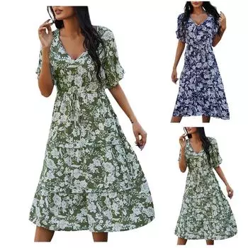 Женские платья в стиле бохо с цветочным принтом и коротким рукавом, платье с V-образным вырезом, повседневное пляжное платье макси с высокой талией