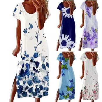 Женские платья в стиле бохо с цветочным принтом и коротким рукавом, платье с V-образным вырезом, повседневное пляжное платье макси с высокой талией