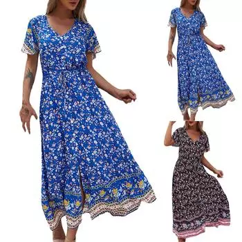 Женские платья в стиле бохо с цветочным принтом и коротким рукавом, платье с V-образным вырезом, повседневное пляжное платье макси с высокой талией