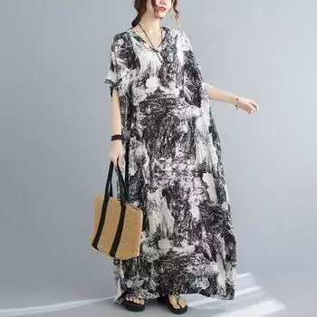 Женские платья в стиле бохо с цветочным принтом, большого размера, с коротким рукавом, свободные, из хлопка и льна, тонкое, с V-образным вырезом, длинное платье-халат one size чёрный