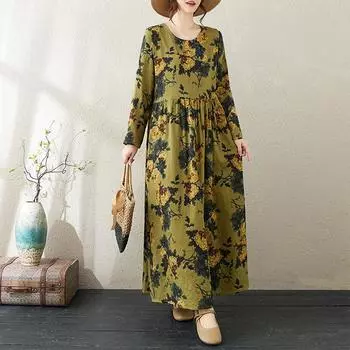 Женские платья в стиле бохо с цветочным принтом, большие размеры, с длинным рукавом, свободное, из хлопка и льна, тонкое, с круглым вырезом, длинное платье-халат XL