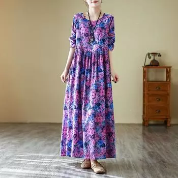 Женские платья в стиле бохо с цветочным принтом, большие размеры, с длинным рукавом, свободное, из хлопка и льна, тонкое, с круглым вырезом, длинное платье-халат XL