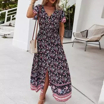 Женские платья в стиле бохо с цветочным принтом и коротким рукавом, платье с V-образным вырезом, повседневное пляжное платье макси с высокой талией L чёрный