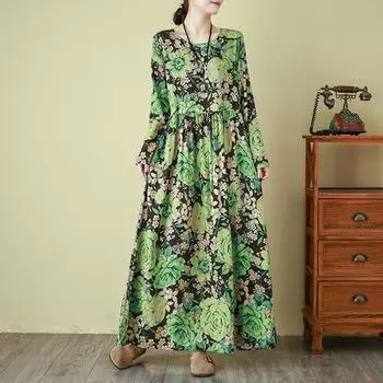 Женские платья в стиле бохо с цветочным принтом, большие размеры, с длинным рукавом, свободное, из хлопка и льна, тонкое, с круглым вырезом, длинное платье-халат XL