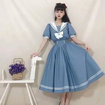 Женские платья в стиле Лолита, матросский воротник, рукава-фонарики, женский халат S темно-синий