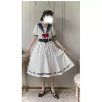Женские платья в стиле Лолита, темно-синее платье моряка, воротник-фонарик, рукав-фонарик, женский халат S белый
