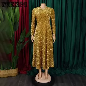 Женские платья-вечеринки с круглым вырезом и длинным рукавом, однотонные, с пайетками и высокой талией, темпераментные, средней длины S зелёный