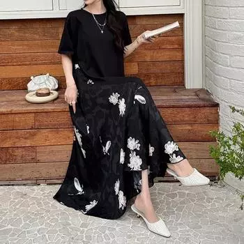 Женские платья весна-лето больших размеров из черного атласа в стиле пэчворк с жаккардом и короткими рукавами в китайском стиле 3XL чёрный