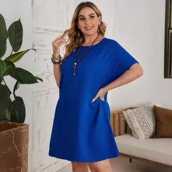 Женские платья весна-лето, однотонные, с круглым вырезом, повседневные, свободные, с коротким рукавом, с карманом L красный